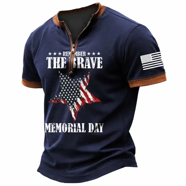 Men's Vintage The Brave Memorial Day American Flag Zipper Henley Short Sleeve T-Shirt - Menzfolk.com 