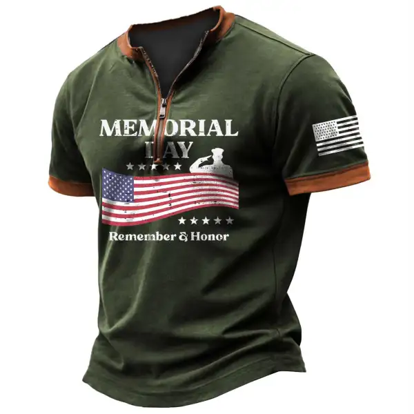Men's Vintage Memorial Day Remember Honor Patriot American Flag Zipper Henley Short Sleeve T-Shirt - Menzfolk.com 