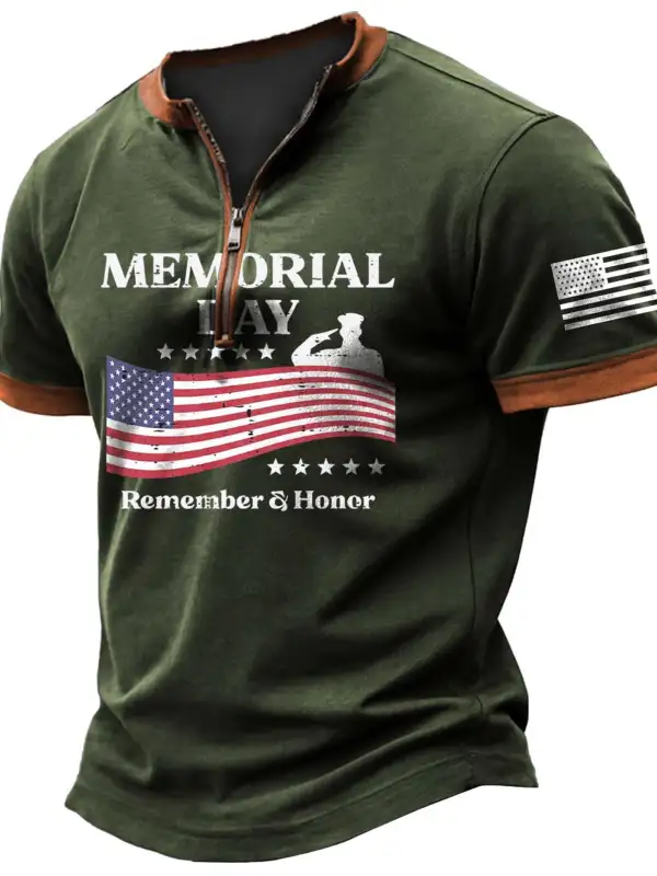 Men's Vintage Memorial Day Remember Honor Patriot American Flag Zipper Henley Short Sleeve T-Shirt - Menbarn.com 