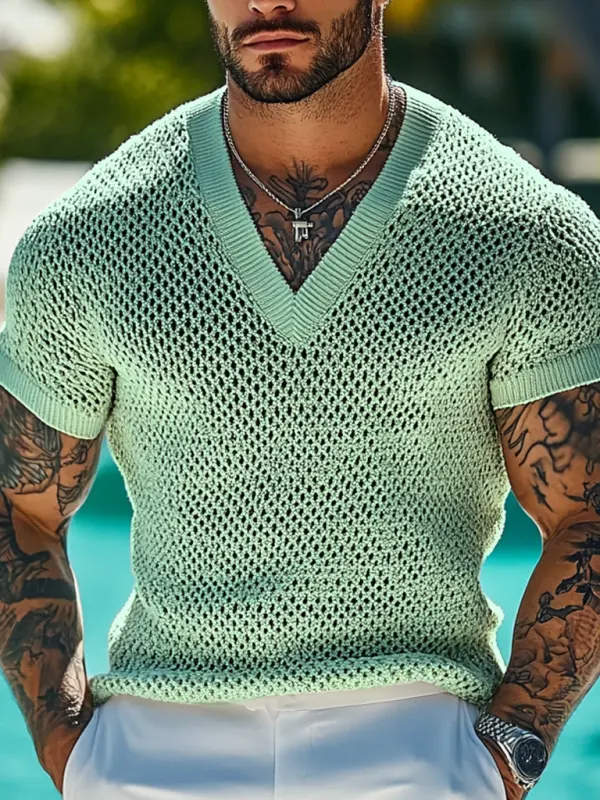 Men's Holiday Crochet Knitted V-neck Light Green Short Sleeve Sweater T-Shirt - Menbarn.com 
