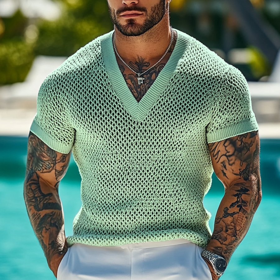 

Men's Holiday Crochet Knitted V-neck Light Green Short Sleeve Sweater T-Shirt