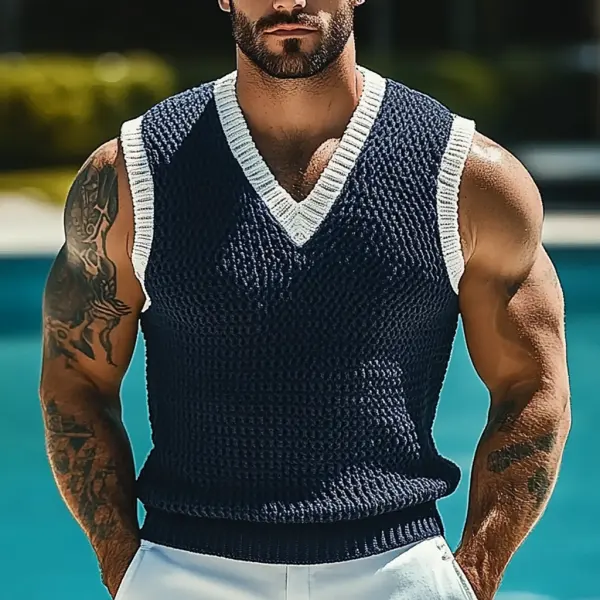 Men's Holiday Crochet Knitted V-neck Contrast Navy Sleeveless Sweater Tank Top - Jumbochic.com 