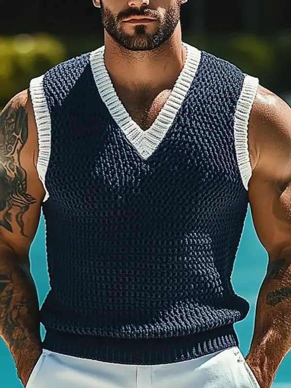 Men's Holiday Crochet Knitted V-neck Contrast Navy Sleeveless Sweater Tank Top - Menbarn.com 