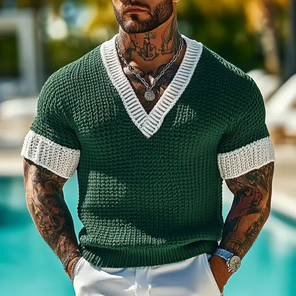 Men's Holiday Crochet Knitted V-neck Contrast Dark Green Short Sleeve Sweater T-Shirt - Menilyshop.com 