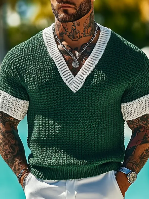Men's Holiday Crochet Knitted V-neck Contrast Dark Green Short Sleeve Sweater T-Shirt - Menbarn.com 