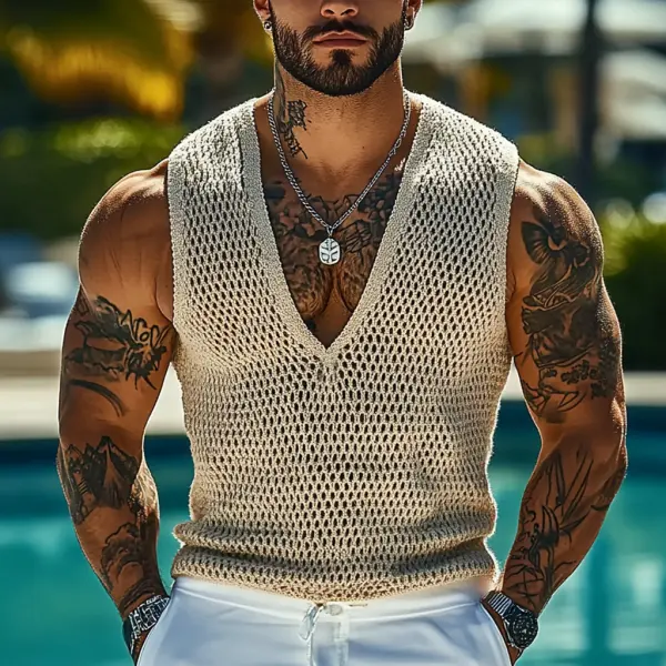 Men's Holiday Crochet Knitted V-neck Light Khaki Sleeveless Sweater Tank Top - Jumbochic.com 