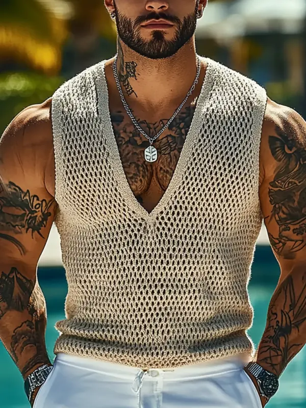 Men's Holiday Crochet Knitted V-neck Light Khaki Sleeveless Sweater Tank Top - Menbarn.com 