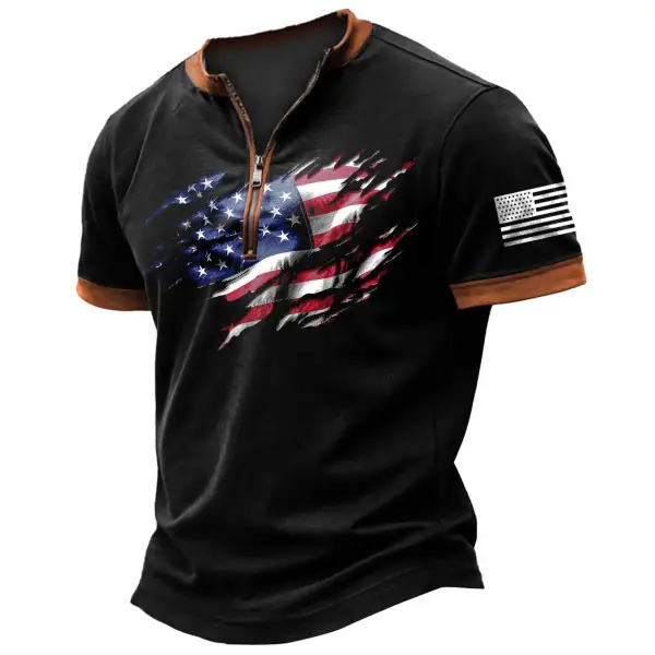 Men's Vintage American Flag Independence Day Zipper Henley Collar Short Sleeve T-Shirt - Menzfolk.com 