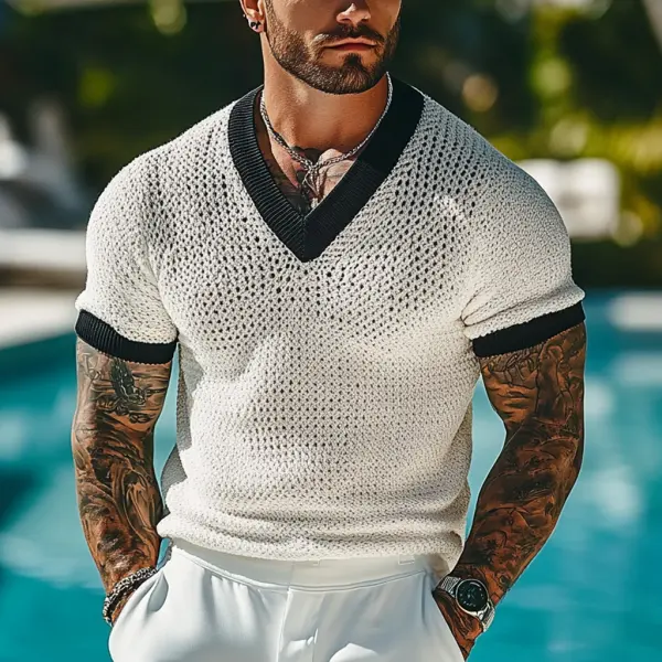 Men's Holiday Crochet Knitted V-neck Contrast White Short Sleeve Sweater T-Shirt - Menilyshop.com 