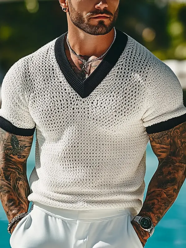 Men's Holiday Crochet Knitted V-neck Contrast White Short Sleeve Sweater T-Shirt - Menbarn.com 