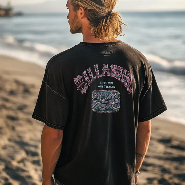 Unisex Wash Vintage Retro Surf Creative Wave Point Print Surf T-Shirt - Wayrates.com 