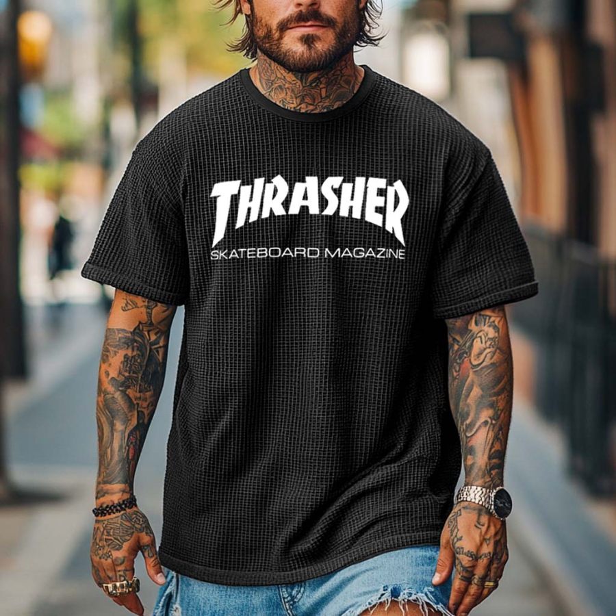 

Men's Vintage Waffle Knit Skateboard Magazine Print Short Sleeve Crew Neck T-Shirt