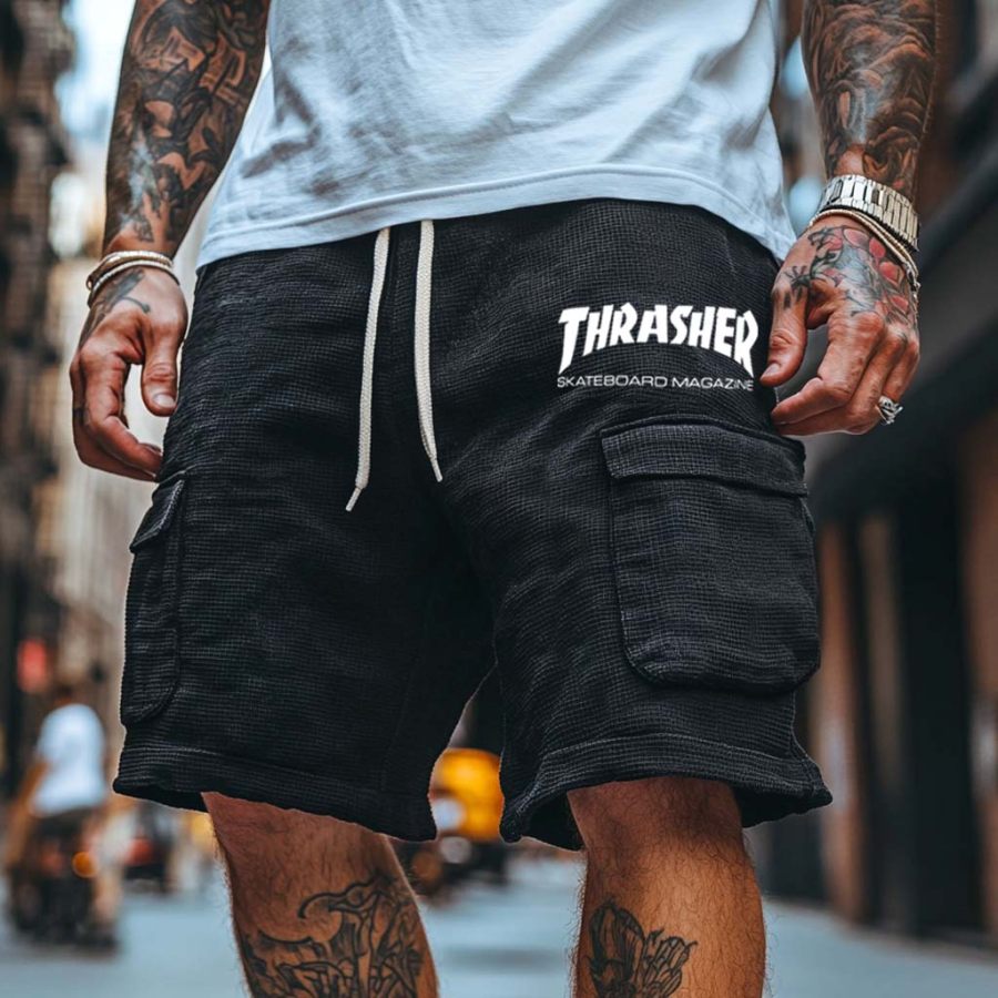 

Men's Vintage Waffle Knit Skateboard Magazine Print Multi-Pocket Elastic Drawstring Shorts