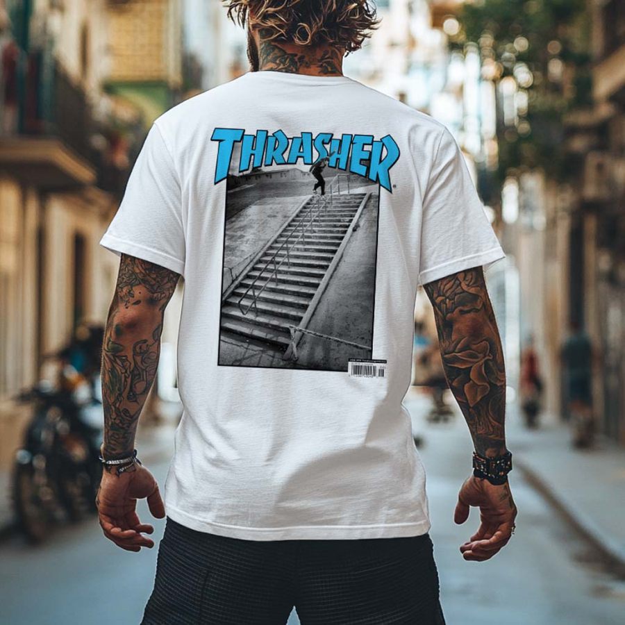 

Men's Vintage Skateboard Magazine Print Streetwear Crew Neck Short Sleeve T-Shirt