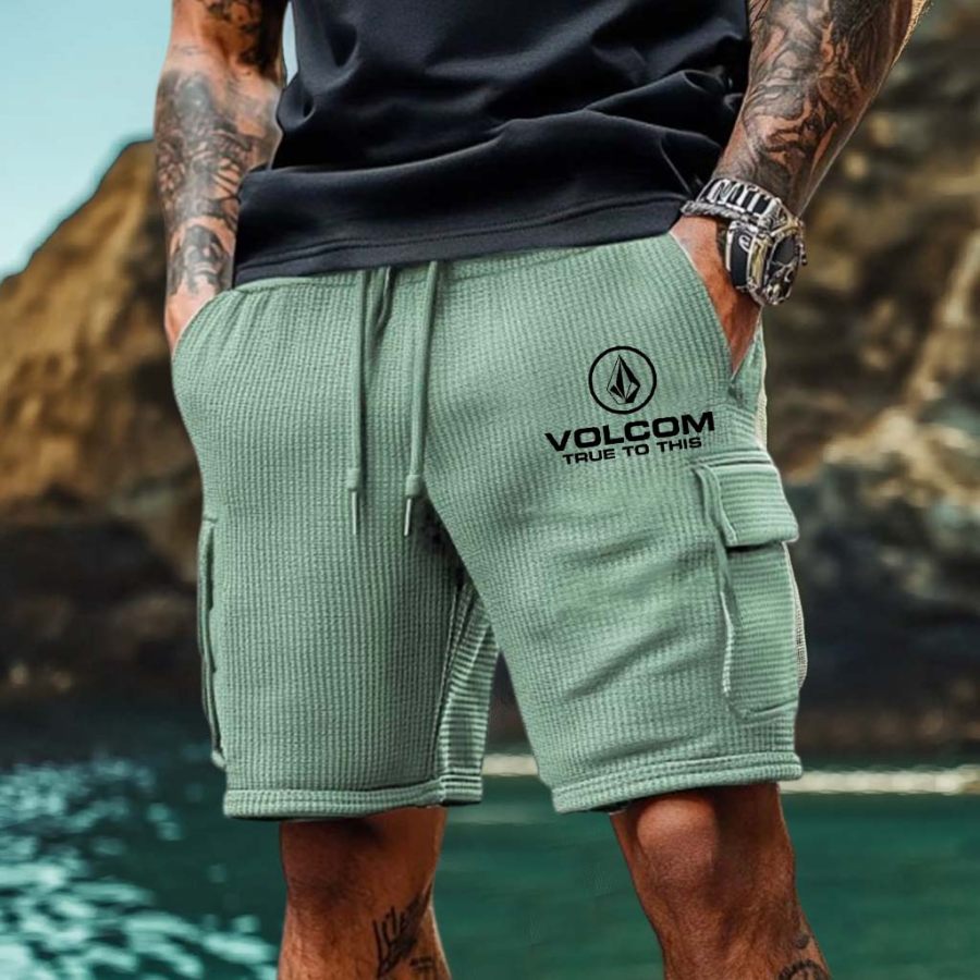 

Men's Vintage Waffle Knit Cargo Shorts Casual Elastic Drawstring Surf Walkshort
