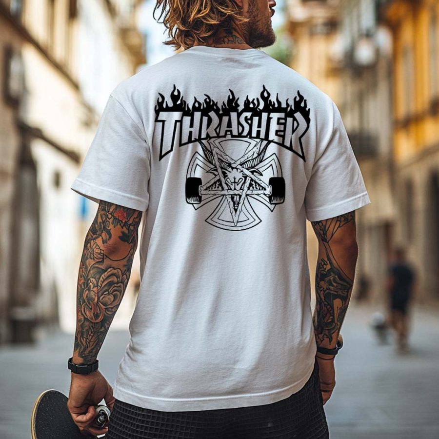 

Men's Vintage Skateboard Magazine Goat Print Streetwear Crew Neck Short Sleeve T-Shirt