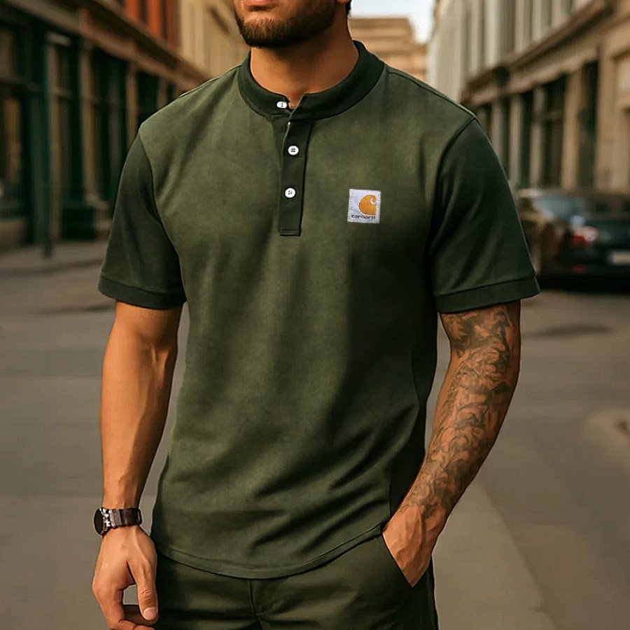 

Vintage Army Green Splicing Henley Collar Short Sleeve Shirt For Men - Perfect For Casual And Outdoor Activities