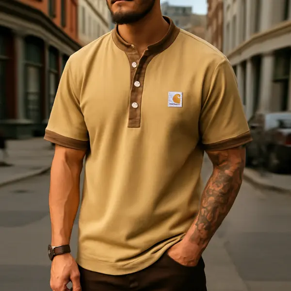 Vintage Henley Collar Short Sleeve Shirt For Men - Perfect For Casual And Outdoor Activities - Spiretime.com 
