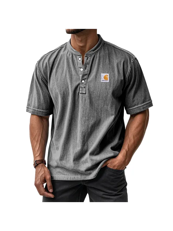 Vintage Washed Short-Sleeve Henley Shirt For Men - Perfect For Casual And Urban Looks - Ootdmw.com 