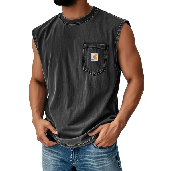Men's Vintage Distressed Washed Pocket Crew Neck Black Sleeveless Tank Top - Wayrates.chimpone.com 