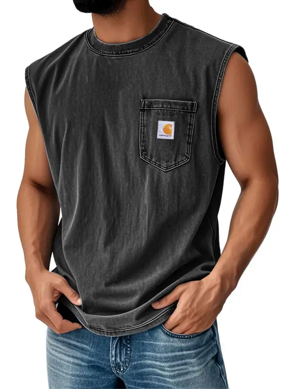 Carhartt Men's Vintage Distressed Washed Pocket Crew Neck Black Sleeveless Tank Top - Pragmaace.com 