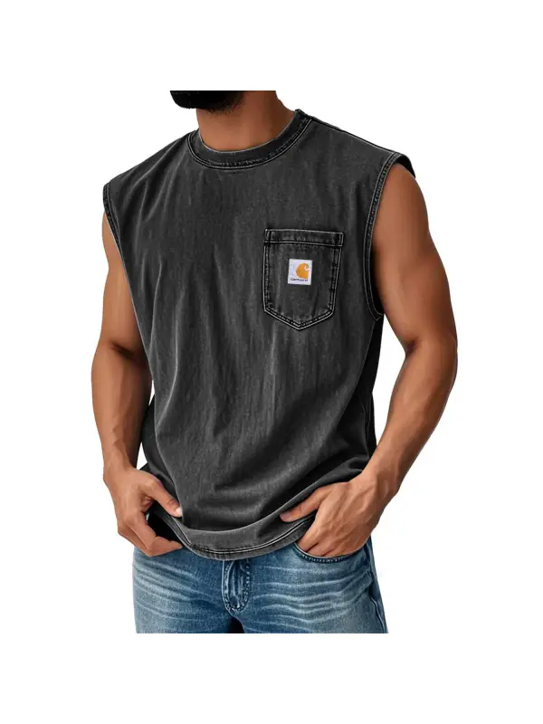 Men's Vintage Distressed Washed Pocket Crew Neck Black Sleeveless Tank Top - Shopyiyistories.com 
