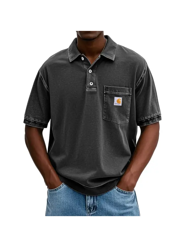 Men's Vintage Distressed Washed Pocket Polo Short Sleeve T-Shirt - Ootdmw.com 