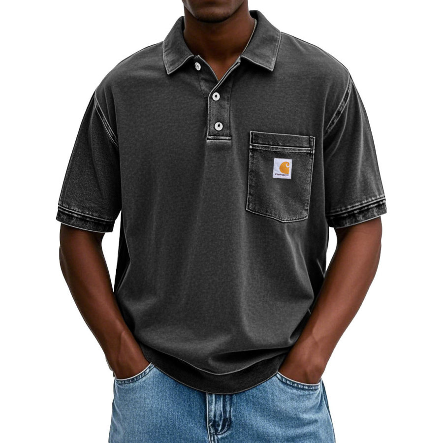 

Men's Vintage Distressed Washed Pocket Polo Short Sleeve T-Shirt