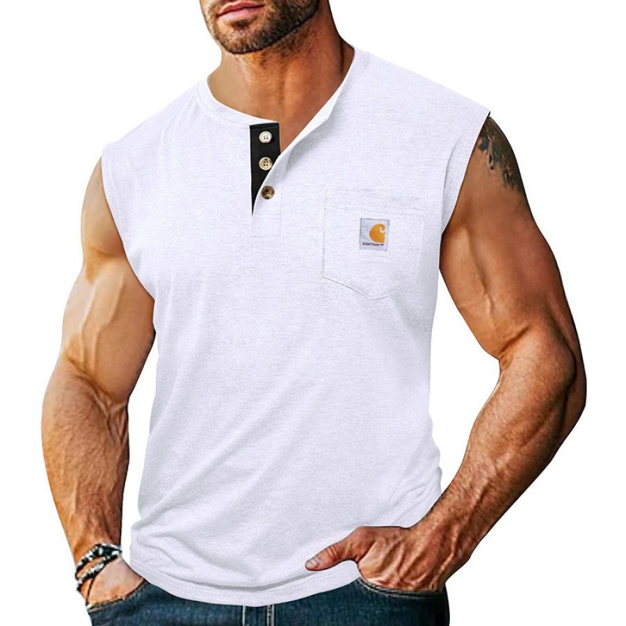 

Men's Vintage Pocket Contrast Henley White Sleeveless Tank Top