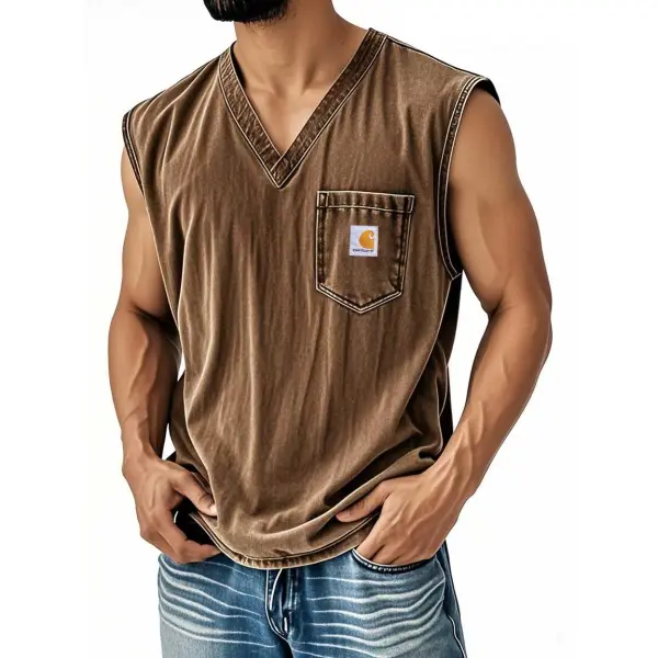 Men's Vintage Distressed Washed Pocket V Neck Brown Sleeveless Tank Top - Wayrates.chimpone.com 