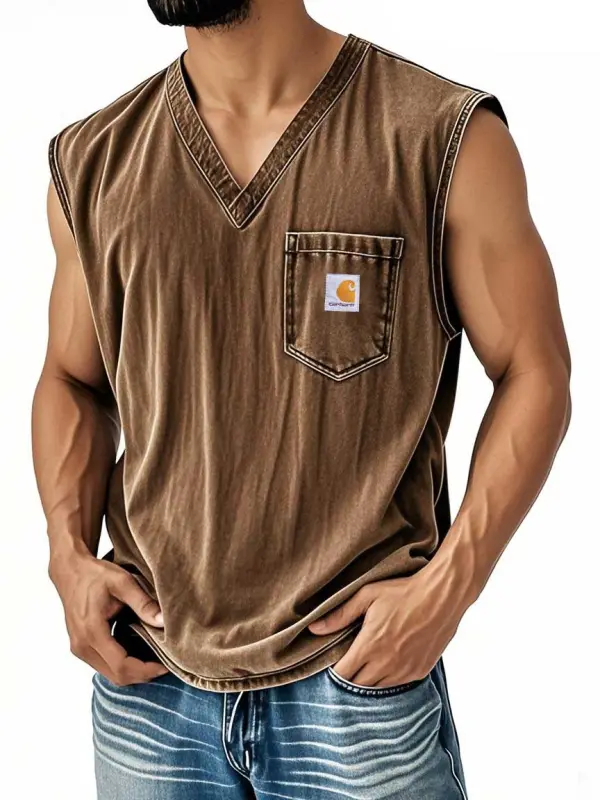 Men's Vintage Distressed Washed Pocket V Neck Brown Sleeveless Tank Top - Menwyx.com 