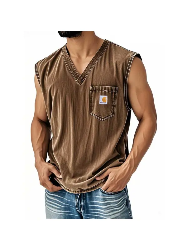 Men's Vintage Distressed Washed Pocket V Neck Brown Sleeveless Tank Top - Localziv.com 