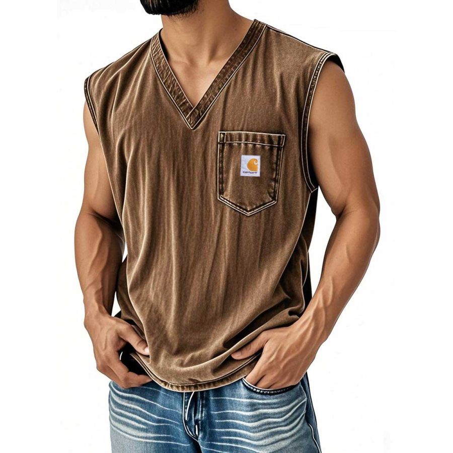 

Men's Vintage Distressed Washed Pocket V Neck Brown Sleeveless Tank Top