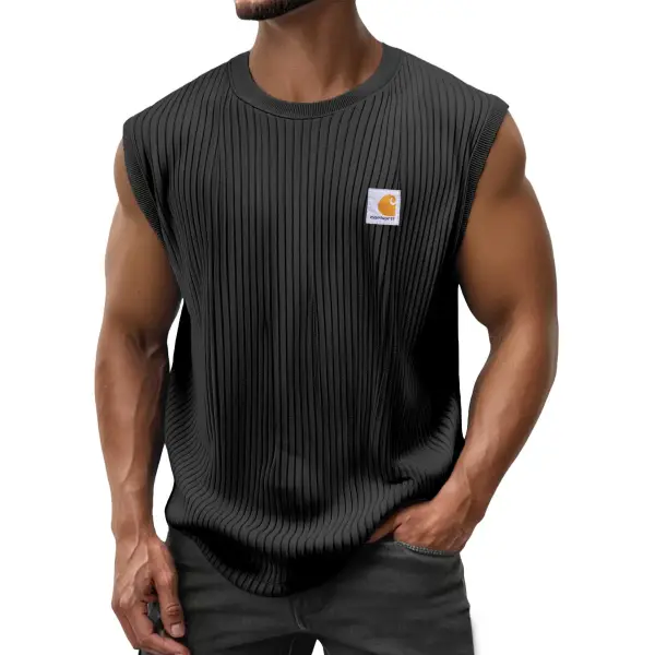 Men's Vintage Solid Vertical Stripe Pocket Crew Neck Black Sleeveless Tank Top - Wayrates.chimpone.com 
