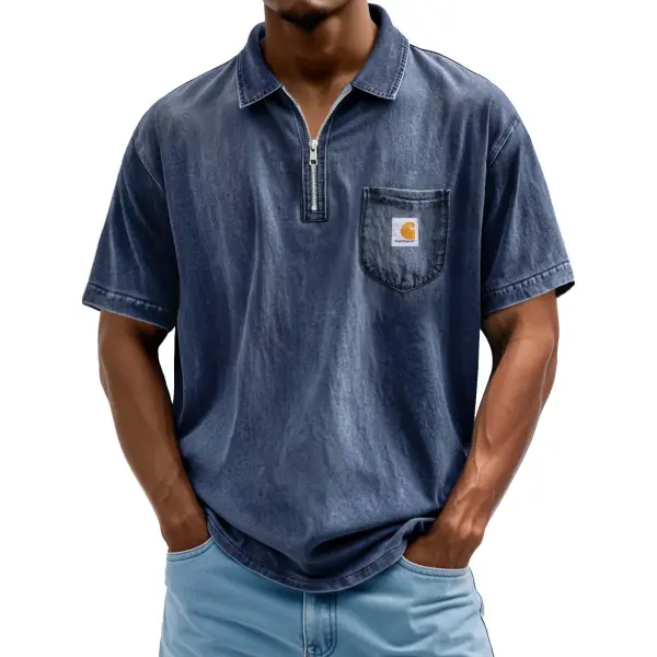 Men's Vintage Distressed Washed Pocket Zipper Polo Short Sleeve T-Shirt - Yesunshine.com 
