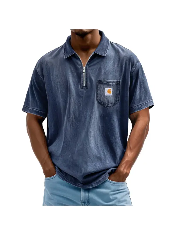 Men's Vintage Distressed Washed Pocket Zipper Polo Short Sleeve T-Shirt - Ootdmw.com 