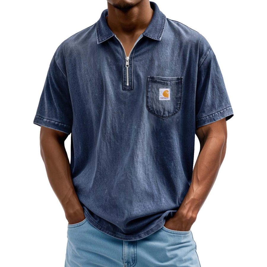

Men's Vintage Distressed Washed Pocket Zipper Polo Short Sleeve T-Shirt