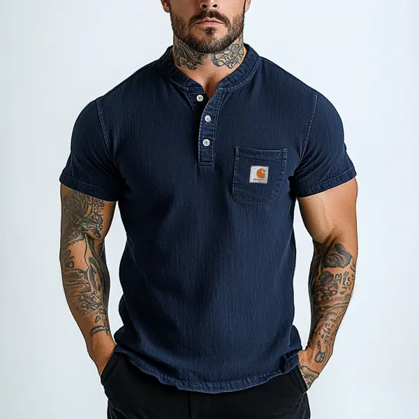 Men's Fashion Vintage Raglan Pocket Comfort Short Sleeve Henley Shirt - Spiretime.com 