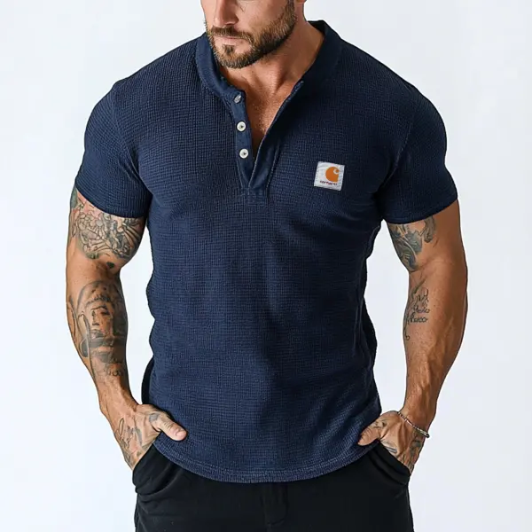 Men's Fashion Vintage Waffle Raglan Pocket Comfort Short Sleeve Henley Shirt - Spiretime.com 