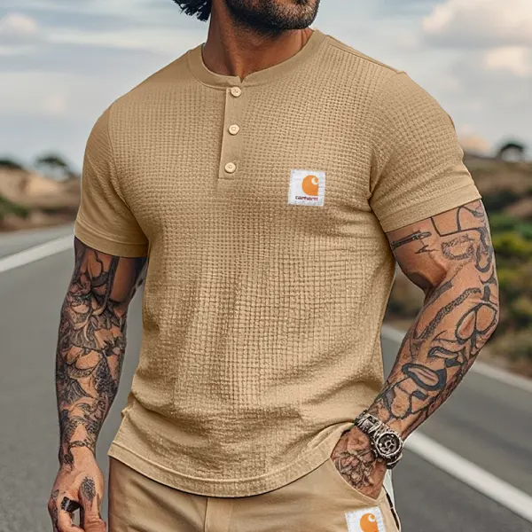 Men's Vintage Waffle Casual Henley T-Shirt Khaki - Wayrates.chimpone.com 