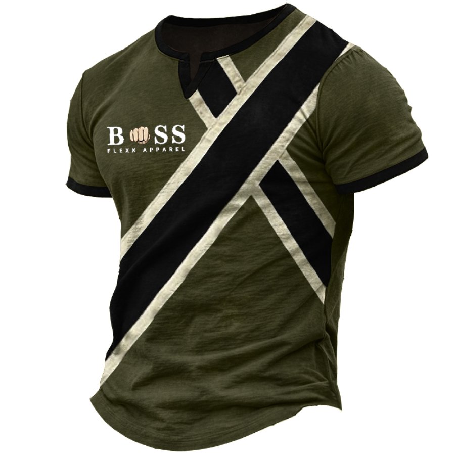 

Men's Vintage Color Block V Neck T-Shirt With Diagonal Stripes Military Green