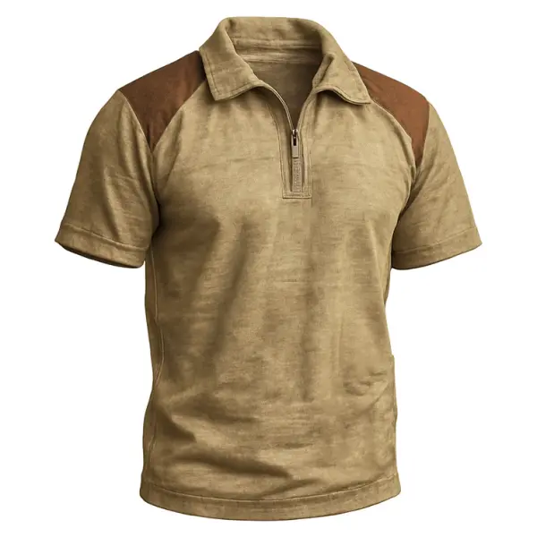 Men's Vintage Distressed Contrast Zipper Polo Short Sleeve T-Shirt - Rabclub.com 