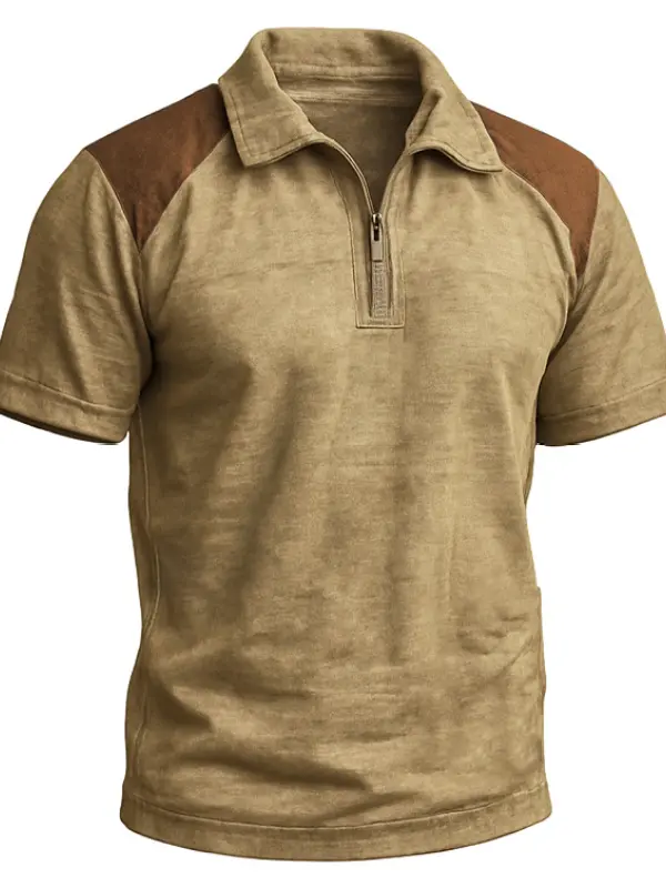 Men's Vintage Distressed Contrast Zipper Polo Short Sleeve T-Shirt - Pragmaace.com 