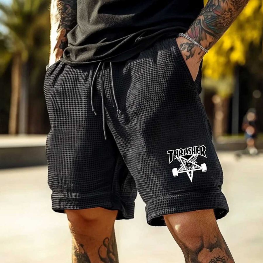 

Men's Vintage Waffle Knit Skategoat Skateboard Magazine Print Elastic Drawstring Shorts