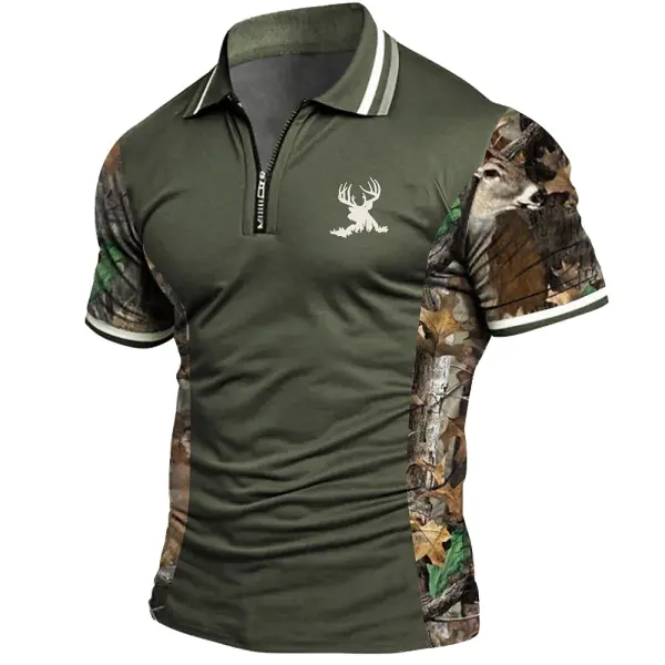 Men's Vintage Hunting Deer Camouflage Print Sleeve Short Sleeve Zipper Polo T-Shirt - Elementnice.com 