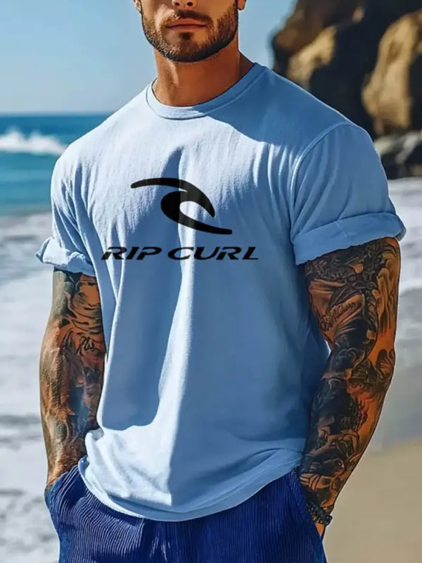 Men's Vintage Surf Print Outdoor Beach Crew Neck Short Sleeve T-Shirt - Simplyion.com 