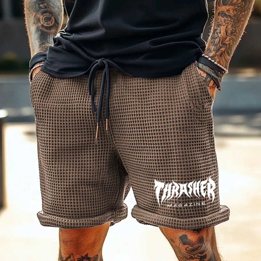 

Men's Vintage Waffle Knit Skateboard Magazine Print Elastic Drawstring Shorts