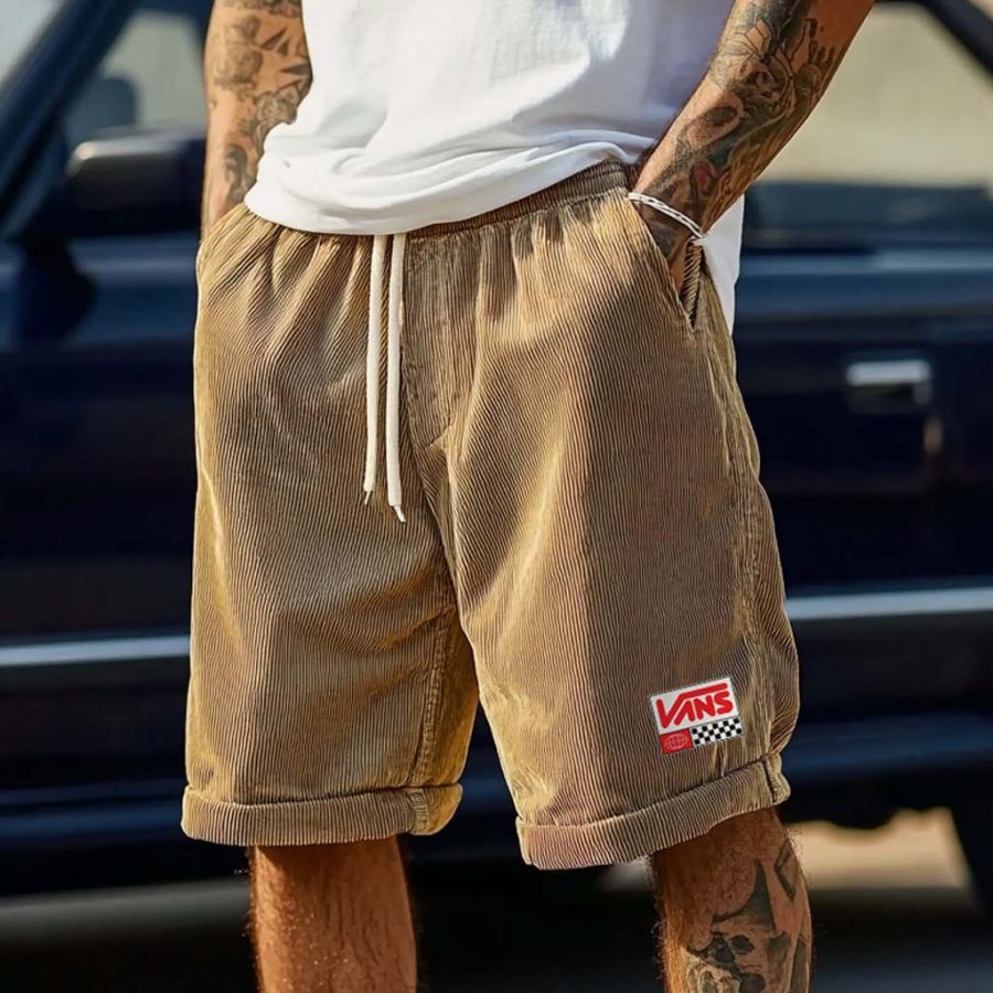 

Men's Skater Shorts Vintage Black Corduroy Skateboard Print Elastic Drawstring Boardshorts Baggy Shorts