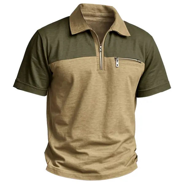 Men's Vintage Color Block Zipper Pocket Zipper Polo Short Sleeve T-Shirt - Rabclub.com 