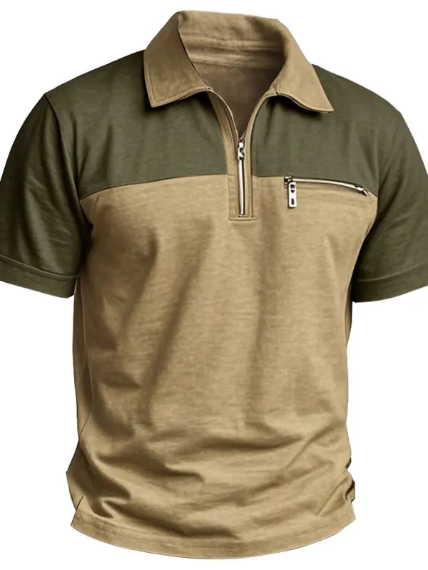 Men's Vintage Color Block Zipper Pocket Zipper Polo Short Sleeve T-Shirt - Menwyx.com 